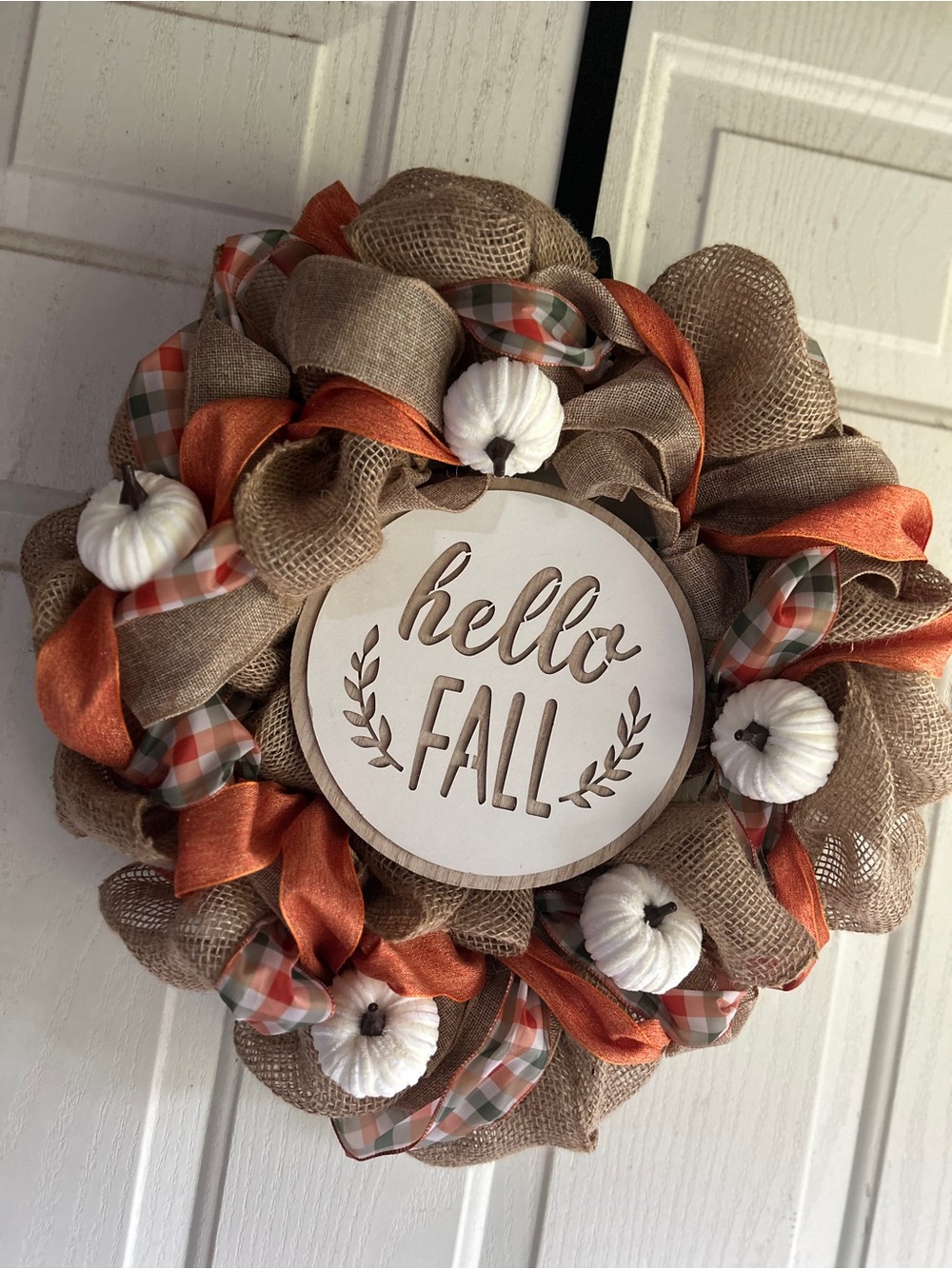 Hello Fall Burlap Holiday Wreath with Orange Accents